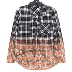 BDG Womens Top Button Flannel Long Sleeve Pockets Plaid Gray Orange Size XS FO